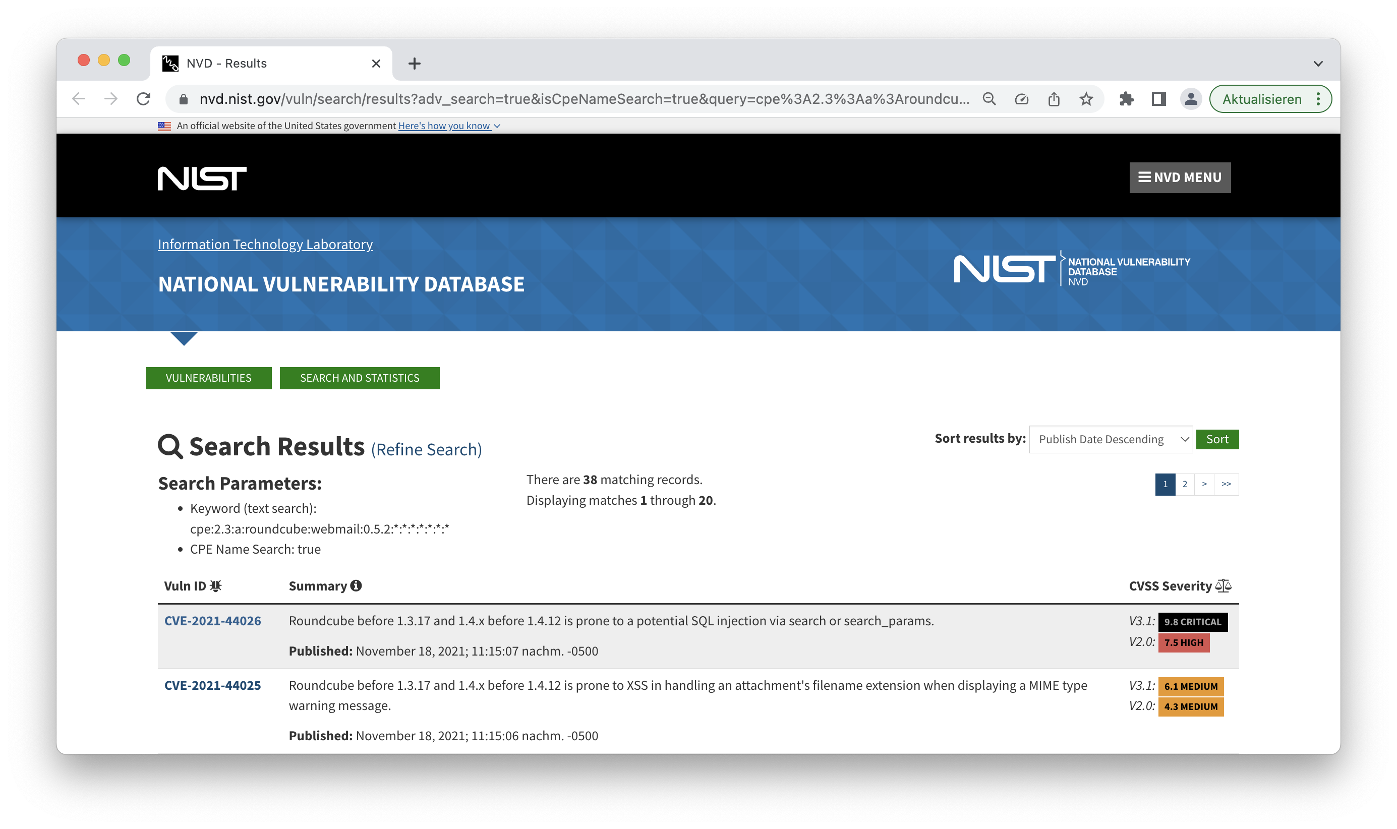 Screenshot NIST NVD
