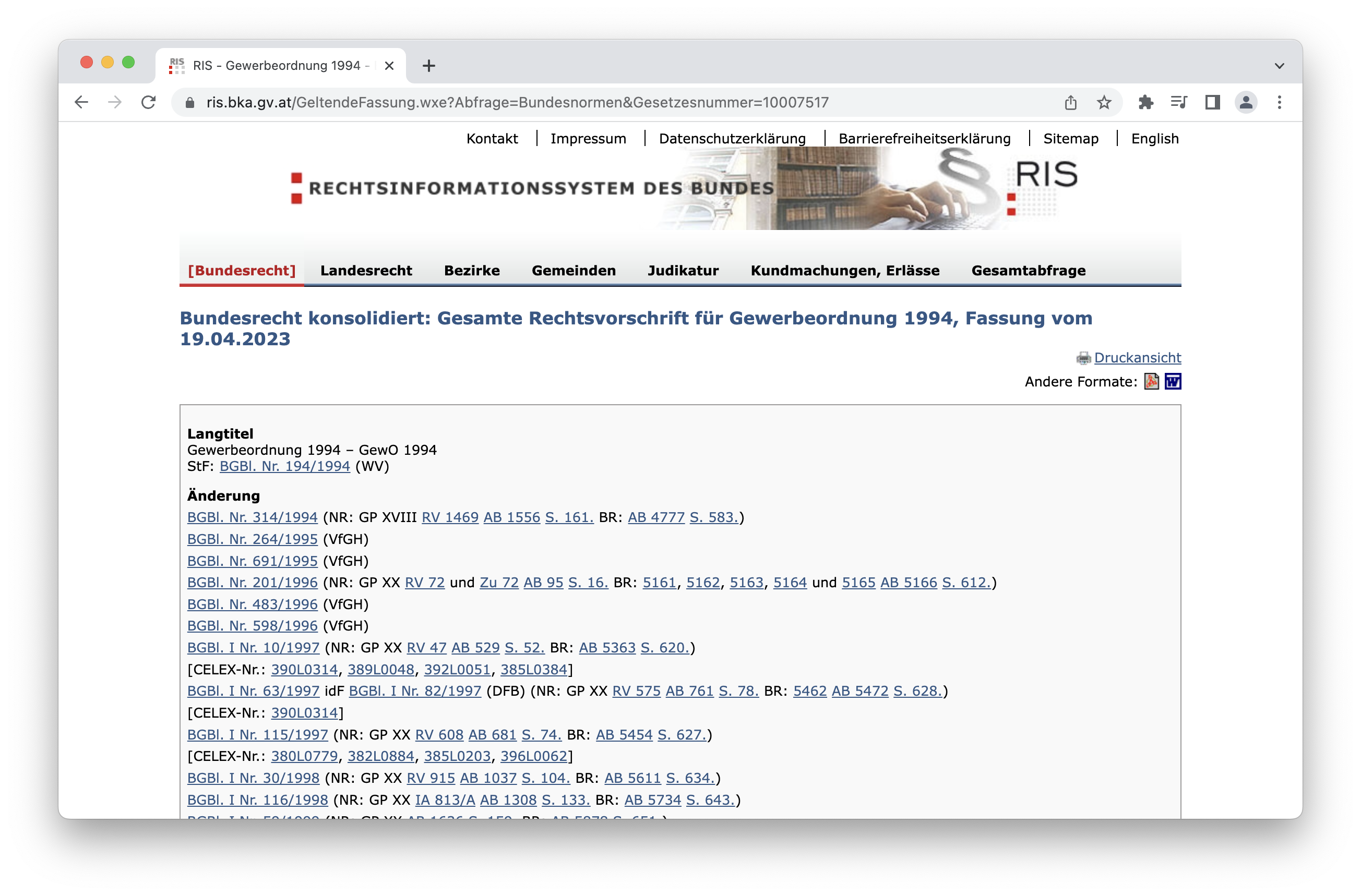 Screenshot of Rechtsinformationssystem (RIS)